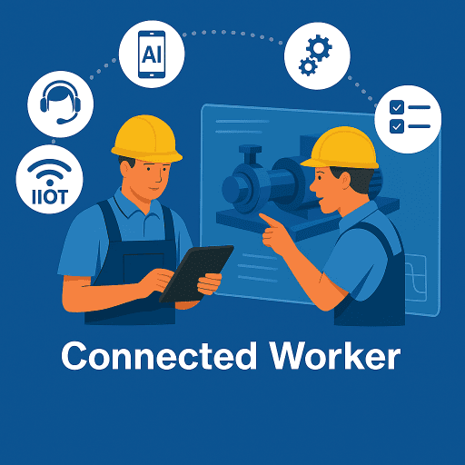 The image shows how factory workers will be using multiple digital technologies for collaborating and executing their functions.