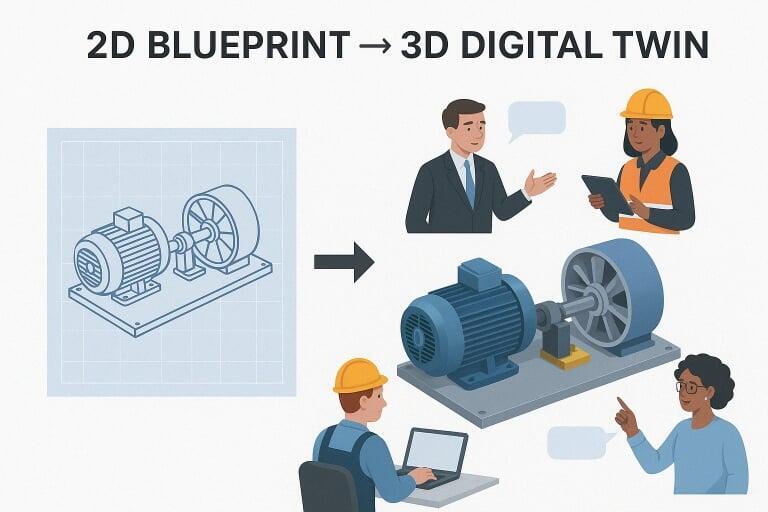 An image that shows how a 2D drawing can be characterized using digital twin and used by multiple stakeholders in the value chain.
