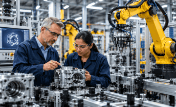 Engineers inspecting a robotic manufacturing assembly