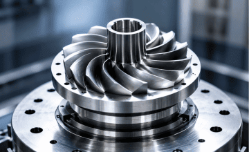 Precision-machined impeller positioned on a rotary fixture